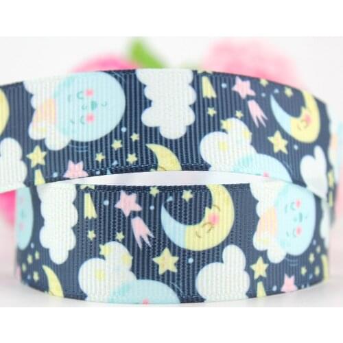 Lovely Navy 7/8" Cartoon moon stars printed 22mm grosgrain ribbon 10 yards DIY baby bows band sewing fabric ribbons