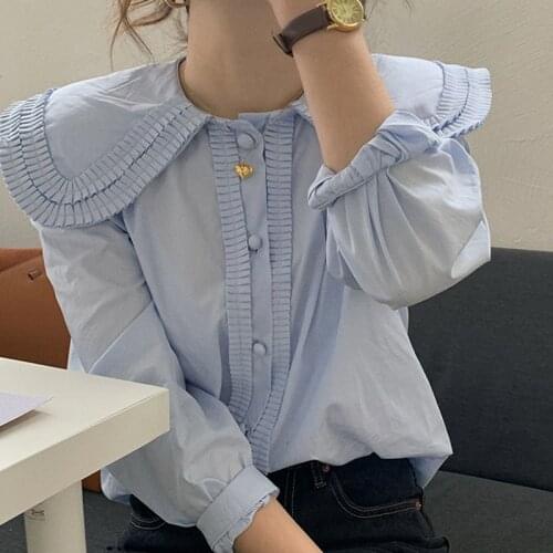 Retro Folds Doll Collar Shirt Women Fashion Long-sleeved All-match Blouse Woman Lovely Age Reduction White Shirt Womens 2021