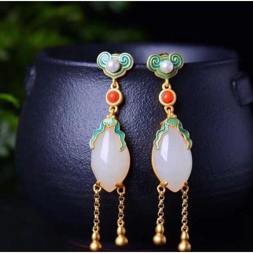 S925 Sterling Silver Auspicious Cloud Pearl Stud Earrings Natural Hetian Jade Drop-Shaped Tassel Earrings Ornament for Women