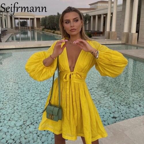 Seifrmann New 2021 Autumn Women Fashion Designer Party Mini Dress Sexy Deep V-Neck Bow High Waist Solid Printed Ladies Dresses