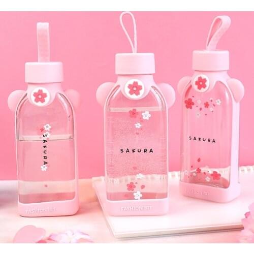 Glass Water Bottle Heat Resistant Transparent Creative Fresh Square Portable Sports Outdoor Water Cup Student Couple Kids Gift