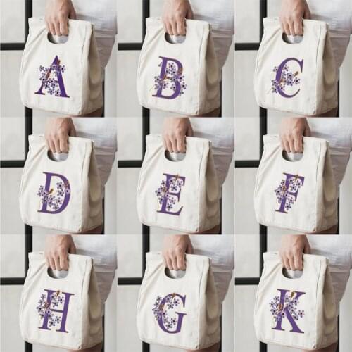 Purple Flowers Letters Printing Cute Lunch Bags for Women Foldable Travel Outdoor Funny Picnic Box Protable Dinner Eco Handbag