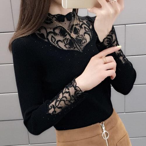 Women Sweater Fall Winter Sexy Lace Collar Patchwork Women Pullover Sweater Half Turtleneck Full Sleeve Knitted Bottoming Jumper