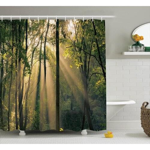 Farm House Shower Curtain Morning Sunrays seen Through Trees Summertime Countryside Scenic View Wall Decoration Hanging Curtains