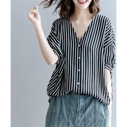 Johnature Summer New Korean Striped V-neck Loose Womens Tops And Blouses 2021 Causal All Match Short Sleeve Button Female Shirts