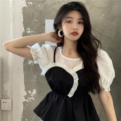 False Two Piece Stitch Cute Sweet Summer Vintage Clothes For Women Short Sleeve T-Shirt Tops Blouses Vetement Femme 2021