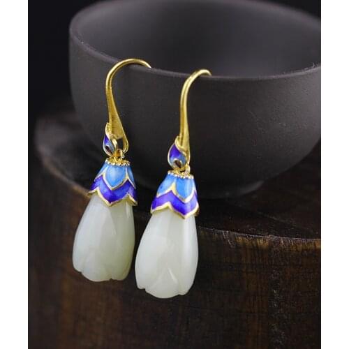 Handmade Real 925 Sterling Silver Earrings For Women Natural Stone Tulips Cloisonne Drop Earrings Retro Beautiful Earrings