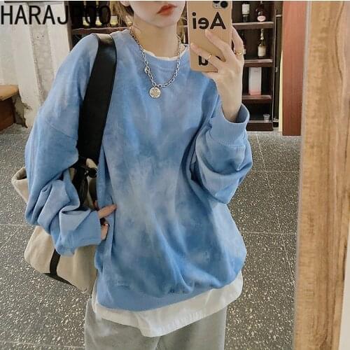 Harajpoo Women Sweatshirts 2021 Spring Fall New Korean Loose Versatile Tie Dye Sweater Lazy Style Long Sleeve Pullover Outer Top