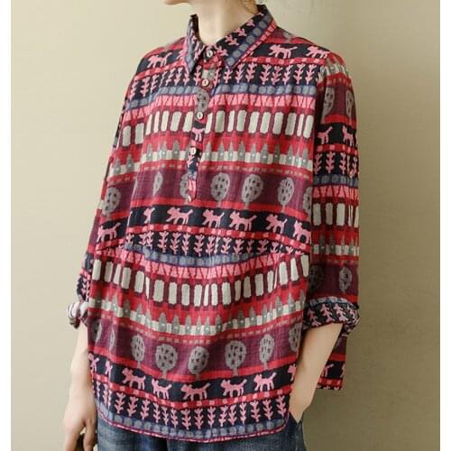 Johnature Women Vintage Print Floral Shirts And Tops Cotton Linen Blouses 2021 Spring New Long Sleeve Loose Pullover Shirts