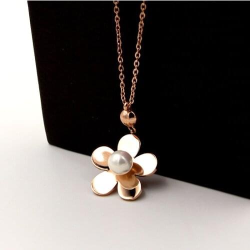 Fashion Love Camellia Flower Simulated Pearl Pendant Necklace Sweater Chain Rose Gold Color Stainless Steel Women Gift