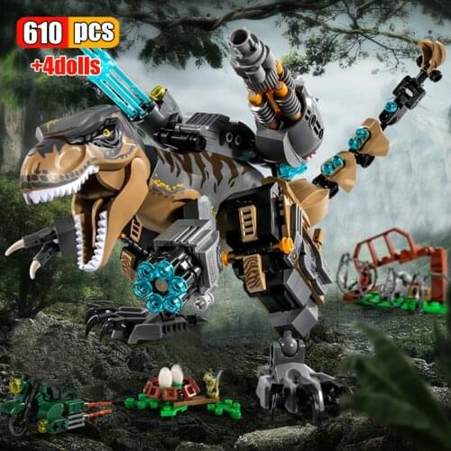 610Pcs Jurassic Mech Tyrannosaurus Model Building Blocks Creative Assemble Dinosaurs Figures Bricks Toys Christmas Gifts For Boy