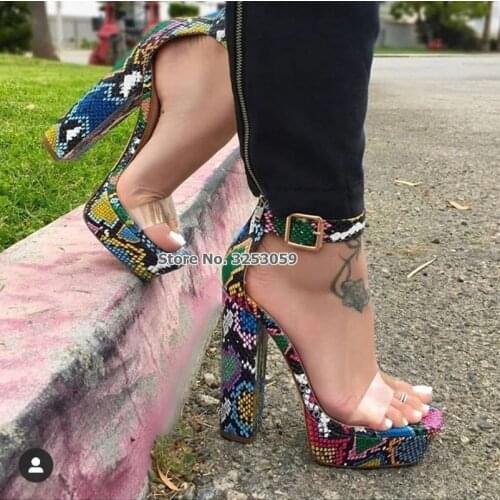 ALMUDENA Sexy Colorful Snakeskin Printed Chunky Heel Platform Sandals Clear PVC Strap Dress Shoes Dropship Buckle Strap Pumps
