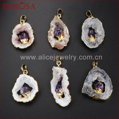BOROSA Gold Color Natural Freeform Onyx Druzy Drusy Slice Pendant Inlay With Natural Purple Crystal Bead Fashion Jewelry WX007