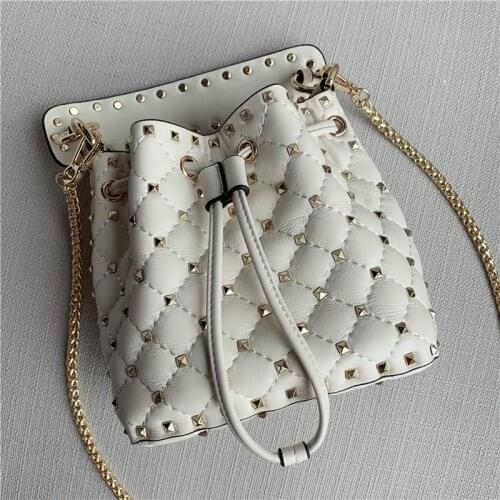Brand Women Rivets Studded Small Bucket Handbag Lady Party Mini Sheepskin Real Leather Totes Chain Sling Shoulder Crossbody Bag
