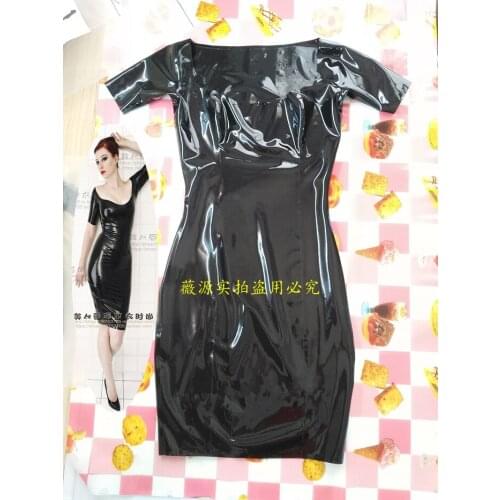 Handmade Short Sleeve Black Women Round Collar Latex Rubber Dress with Back Zipper