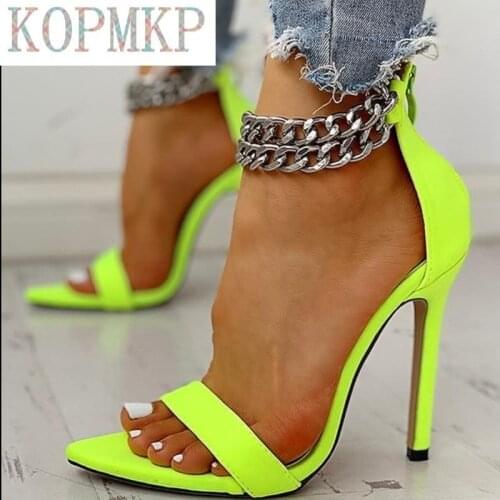 Fluorescent Sandals Women Sexy Pointed Toe Chain Design Thin High Heel Ladies Shoes Stiletto High Heels Wedding Dress Shoes