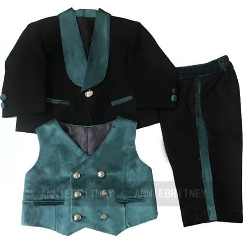 Tailor made Flower boy Black with green velvet wedding boys suits ring bearer slim 3-piece Shawl collar fashion children formal