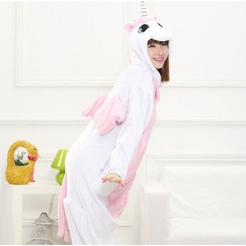 Adult Kigurumi Onesie Anime Women Costume Pink Unicorn Halloween Cosplay Cartoon Animal Sleepwear Winter Flannel Hooded Pajama