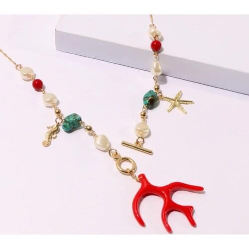 KOMi Handmade Necklace Shell Coral Stones Pearls Crystal Turquoises Charm Pendant Earrings Necklaces Set ожерелье серьги B40213