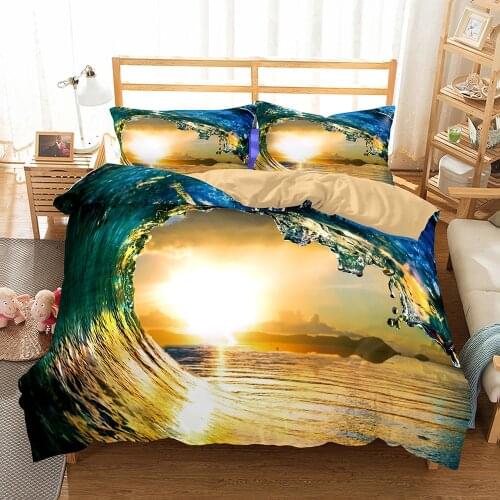 3D Printed Tropical Beach with Waves Surf Microfiber Bedding Set Girl Blue Duvet Cover Set Single Double Full Queen King Size