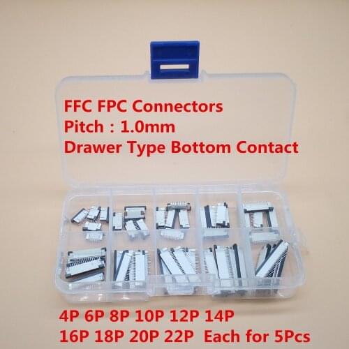 50pcs FFC FPC connector 1.0mm 4/6/8/10/12/14/16/18/20/22 Pin Drawer Type Bottom Contact Flat Cable Connector Socket Sets