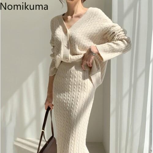 Nomikuma Korean Elegant Knitted Twisted 2pieces Sets Long Sleeve V-neck Sweater Coat + Slim High Waist Skirt Women Suits 6C771