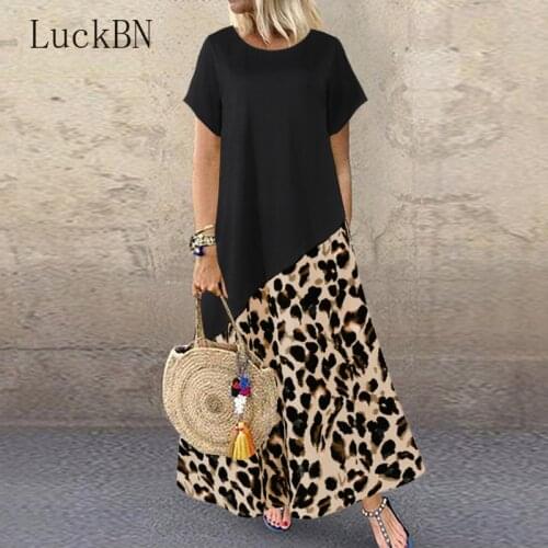 Summer Leopard Maxi Dress Fashion Womens Clothing Printed Sundress Short Sleeve Patchwork Vestidos Plus Size Casual Robe S-5XL