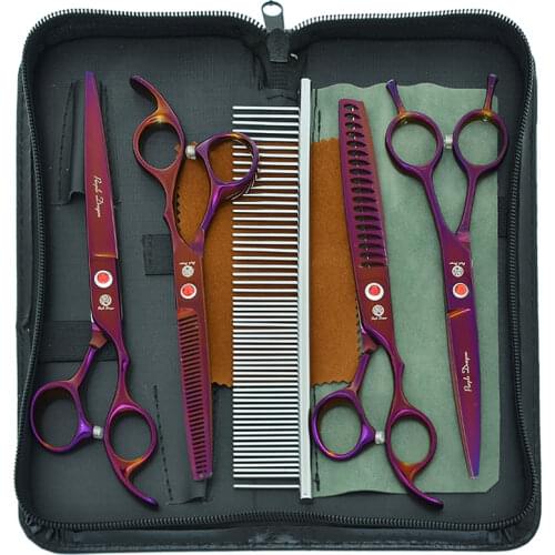 Purple Dragon 7.0" Dog Hair Clippers Pet Straight Curved Cutting Tijeras Thinning Shears Steel 440C Cat Grooming Scissors B0022B