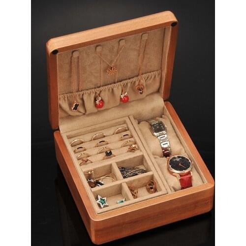 Multi-function Jewelry Box Mahogany Wood 2-Slots Watch Storage Box Case Watch Holder Earring Ring Necklace Jewelry Organizer