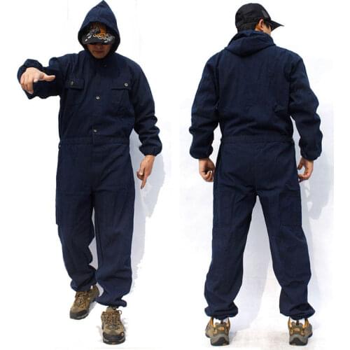 Mens Casual Jumpsuit Mens Outdoor Hooded Overalls Loose Large Size Sturdy Workwear Dark Blue Jeans