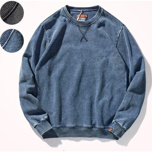 2021 Autumn New American Retro O-neck Hoodies Mens Fashion Pure Cotton Washed Old Knitted Denim Terry Casual Pullover Sportwear