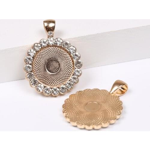 Reidgaller 5pcs gold plated rhinestone cabochon base 20mm round pendant setting trays diy cameo bezel blanks for jewelry making