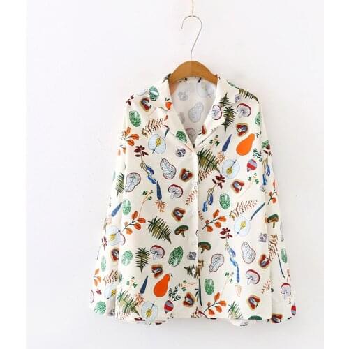Kawaii Pretty Fruit Vegetable Print Notched Shirt Lapel Oversized Chiffon Blouses Button Up Apricot Casual Chic Blouse Feminina