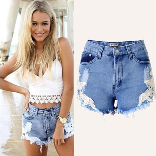 Good quality Sexy Ripped distressed High Waist Shorts Femme mujer Frayed cutoff plus size denim shorts women Lace Short jeans