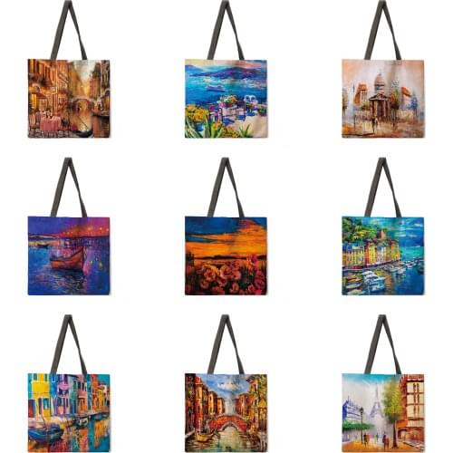 Folding shopping bag pastoral oil painting printing bag lady shoulder bag female leisure handbag outdoor beach bag female tote b