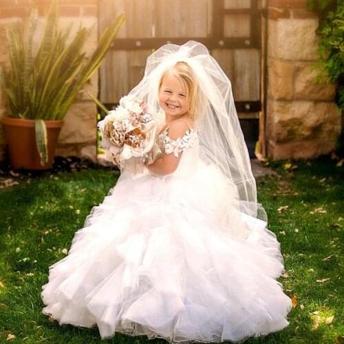 Rustic Lace Flower Girl Dress For Wedding Tiered Puffy Toddler Formal Party Gowns