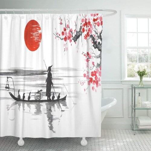 Watercolor Japan Traditional Japanese Painting Sumi E Man Boat Shower Curtain Waterproof Polyester Fabric 60 x 72 Inches Set