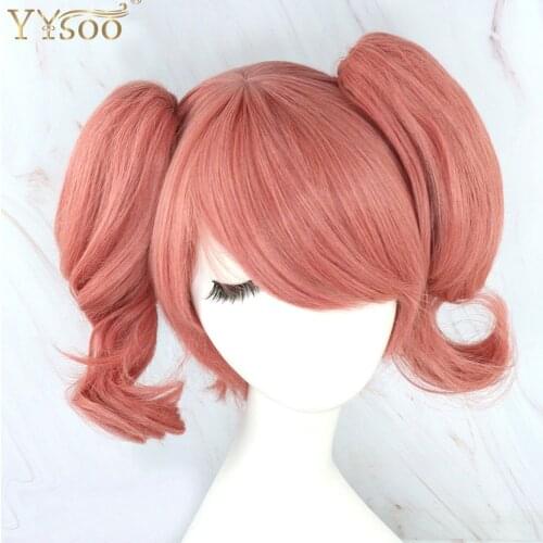YYsoo Short Pink Natural Wave Cosplay Wig Side Part Bangs Two High Pontails Synthetic Hair Machine Made Halloween Wigs for Women