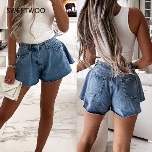 2021 Summer Casual Temperament Denim Wide Leg Pants High Waist Womens Washed Denim Shorts