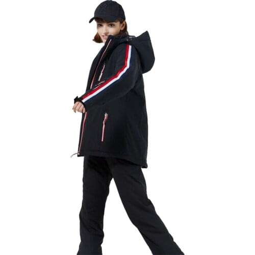 -30 Pure Black Womens Snow suit sets Snowboard Clothing 10k Waterproof Winter outdoor Wear costume Ski Jacket + strap Snow pant