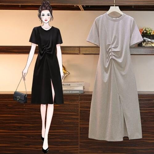 EHQAXIN Women Dress Summer Fashion Pure Color Folds Irregular Split Long Dresses Gentle Style Large Size Ladies Clothing L-4XL