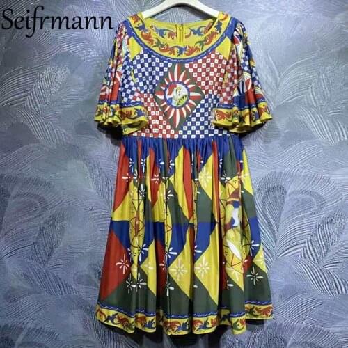 Seifrmann New 2021 Autumn Women Fashion Designer Party Midi Dress Batwing Sleeve High Waist Vintage Print Ladies A-Line Dresses