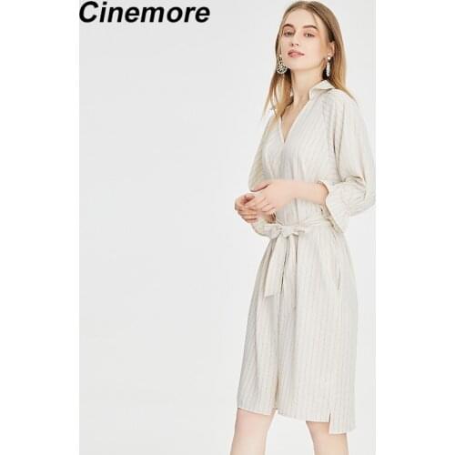 Cinemore New Summer Dress Women Office Lady Long Sleeve V Neck Belt Shirt Dress fashion Sexy Elegant Stripe Dresses Q92263