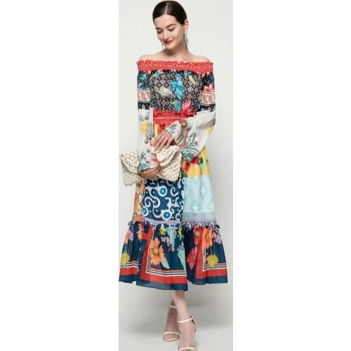 Rose flower print one-shoulder long stitching fairy skirt 2021 summer new womens strapless evening dress