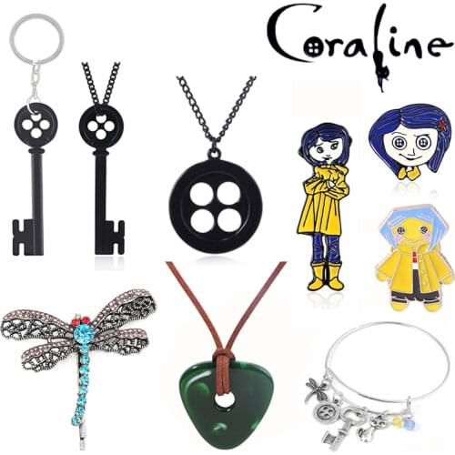 20Pcs/Lot Horror Movie Coraline Necklaces The Secret Door Black Button Key Skull Pendant Necklace Halloween Jewelry Wholesale