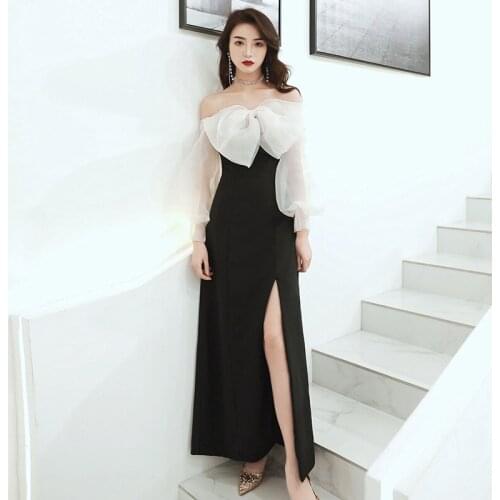 Black Sexy Backless Evening Party Gown High Split Prom Dresses Temperament Off Shoulder Bow Gowns
