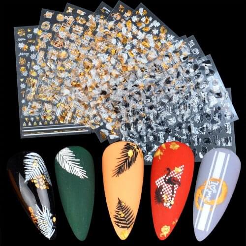 YZWLE 3D Letters Nail Sticker Black Gold Leaf Sliders Autumn Design Nail Art Adhesive Decal Russia Words Manicure Tattoos