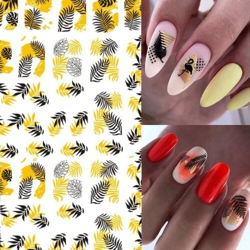 1 Sheet 3D Nail Sticker Black Gold Leaf Summer Tropical Plants Geometric Adhesive Transfer Decals Slider DIY Nail Art Decoration