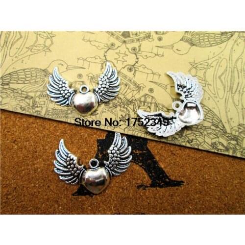 50 PCs, Heart with Wings, Angel Wings, Wing Pendant, Heart Charm, Antique Silver Fittings, , Jewelry Making, 38*28MM