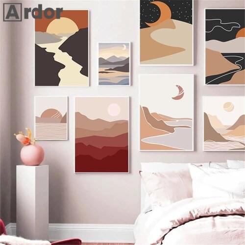 Abstract Sun Moon Mountain River Landscape Canvas Painting Modern Color Block Poster Nordic Wall Pictures For Living Room Decor